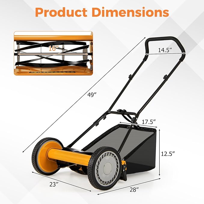 16" Manual Rear Mower, Push Lawn Mower with 5 Steel Blades, Adjustable Cutting Heights & Grass Catcher Bag, Walk-Behind Grass Cutter Lawn Sweeper for Garden, Park & Yard (Orange) - Image 7