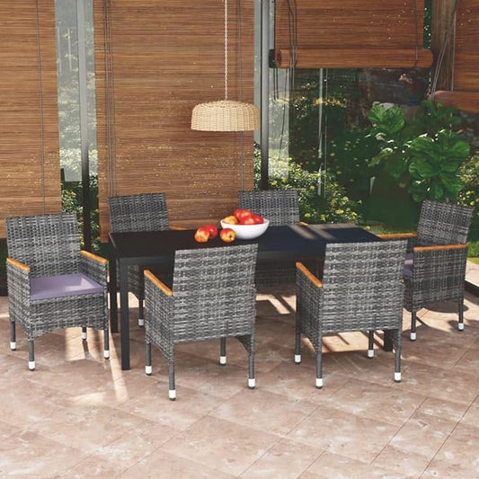 7 Piece Patio Dining Set with Cushions, Front Porch Furniture Outdoor Sofa Sets Sectional Sofa Porch Furniture Set for Negotiation Area Poolside Exhibition Piazza Poly Rattan Gray