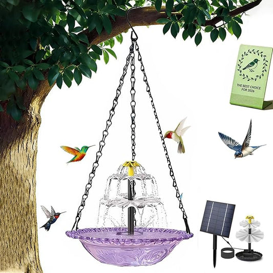 Solar Cascade Hanging Bird Bath Fountain, Tiered Cascade Solar Water Fountains No Wiring, Attracts Hummingbirds & Garden Birds for Outdoors Garden Patio Backyard Lawn Decor (Purple)