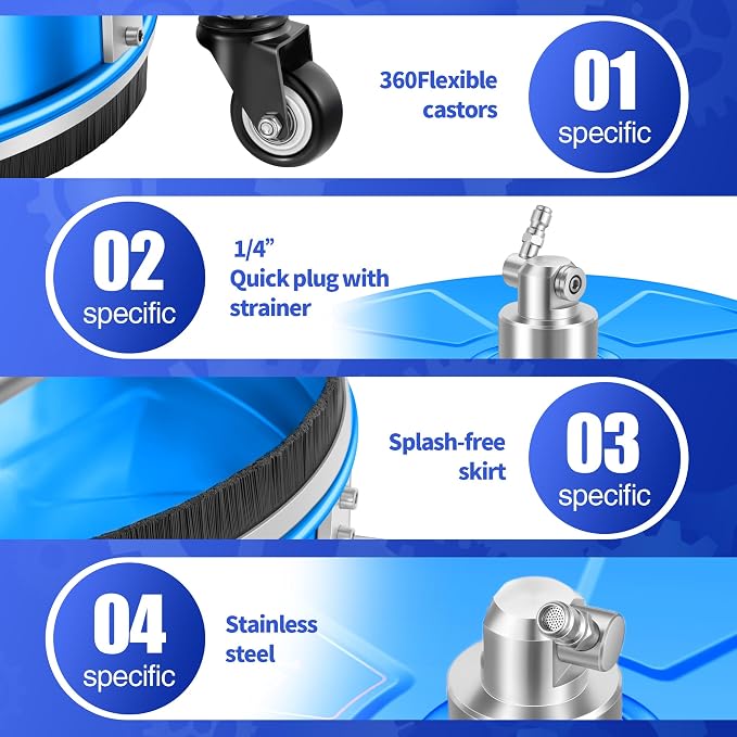LidoDola 16'' Pressure Washer Surface Cleaner with 4 Wheels - Stainless Steel Surface Cleaner for Pressure Washer Attachment for Concrete, Driveway, Patio, Sidewalk, Deck and Driveways (16 INCH Blue) - Image 3