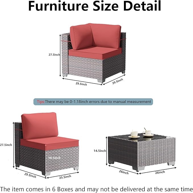 14 Pieces Outdoor Patio Furniture Set,Outdoor Sectional Furniture All Weather PE Rattan Wicker Patio Conversation Set with 2 Coffee Tables and 12 Thickened Cushions,Red