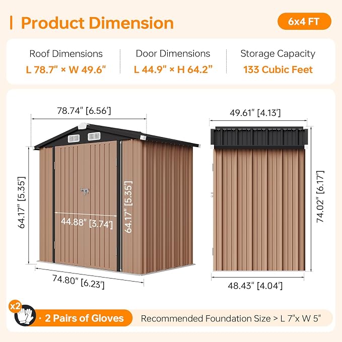 6x4FT Outdoor Storage Shed with Base, Metal Garden Tool Shed with Sloping Roof & Lockable Door for Patio Lawn Backyard (Dark/Base) - Image 3