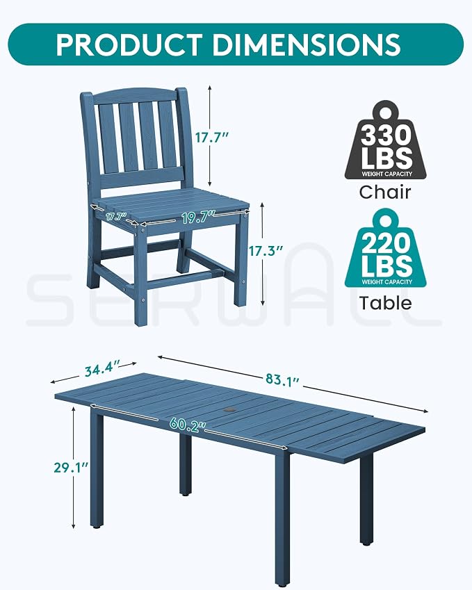 SERWALL 10-Piece Patio Dining Sets with 15FT Patio Umbrella, 60" - 83" Expandable Outdoor Dining Table and 8 HDPE Chairs, All Weather HDPE Outdoor Furniture Set, Blue (Umbreall Base not Included) - Image 6