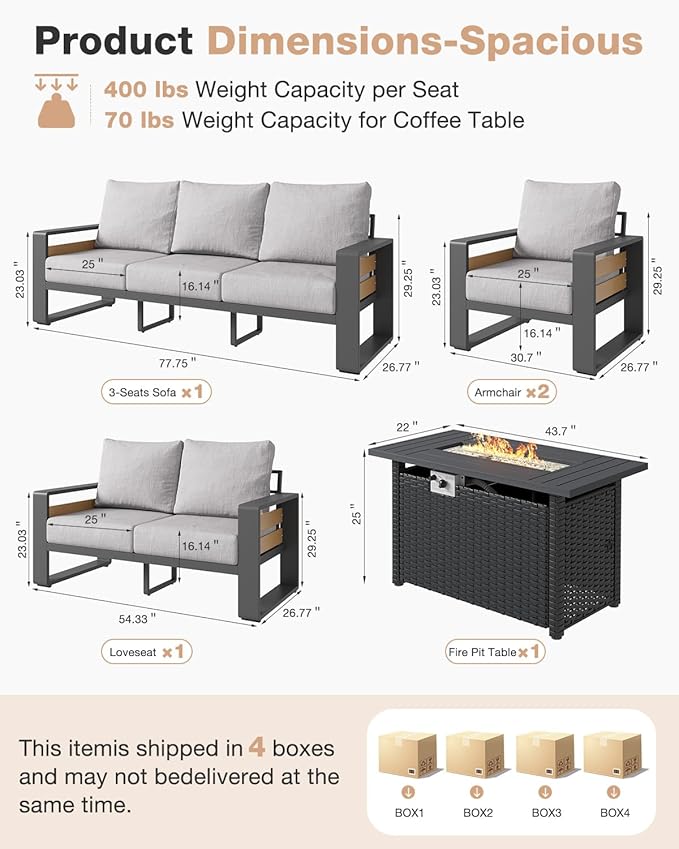 Aoxun Aluminum Patio Furniture Set with Fire Pit Table, 7 Seats Luxury Outdoor Sectional with 6" Olefin Fabric Cushions, Patio Conversation Sets with Waterproof Cover for Backyard, Porch Light Grey