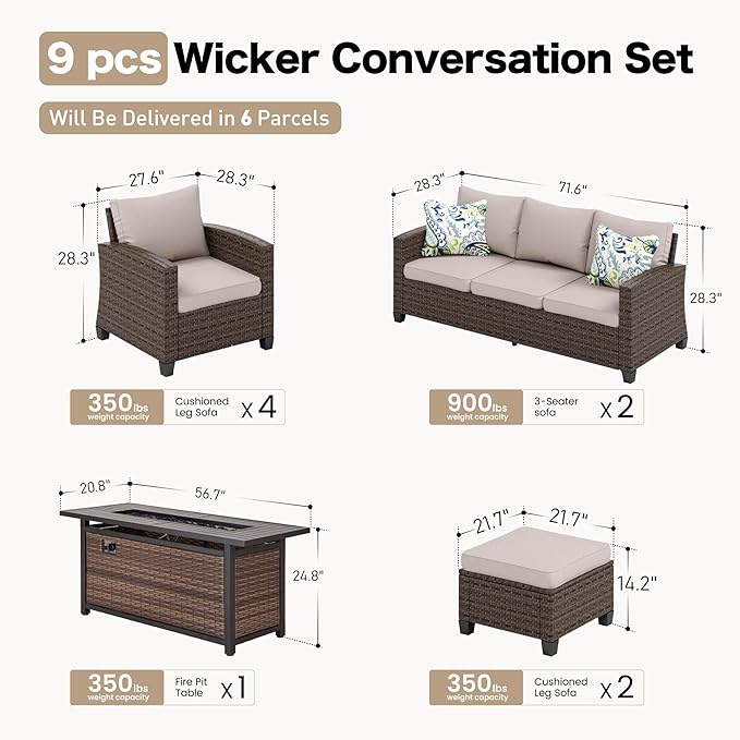 Patio Furniture Set Outdoor Furniture Brown Wicker Rattan Patio Conversation Sets with Cushion Outside Sofa Set,8 Pieces with Rectangular Firepit Table,12 Seats,Beige