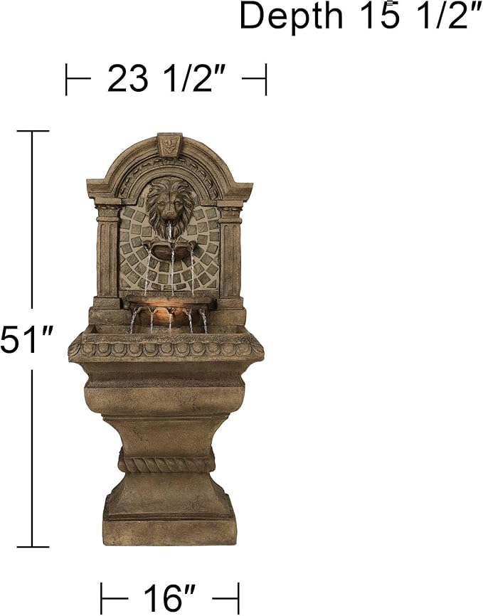 Royal Lions Head 51" High Large Italian Outdoor Decor Faux Stone Floor Fountain with Light Statue Waterfall Standing Tiered Water Feature for Outside Garden Patio Yard Backyard Porch - John Timberland
