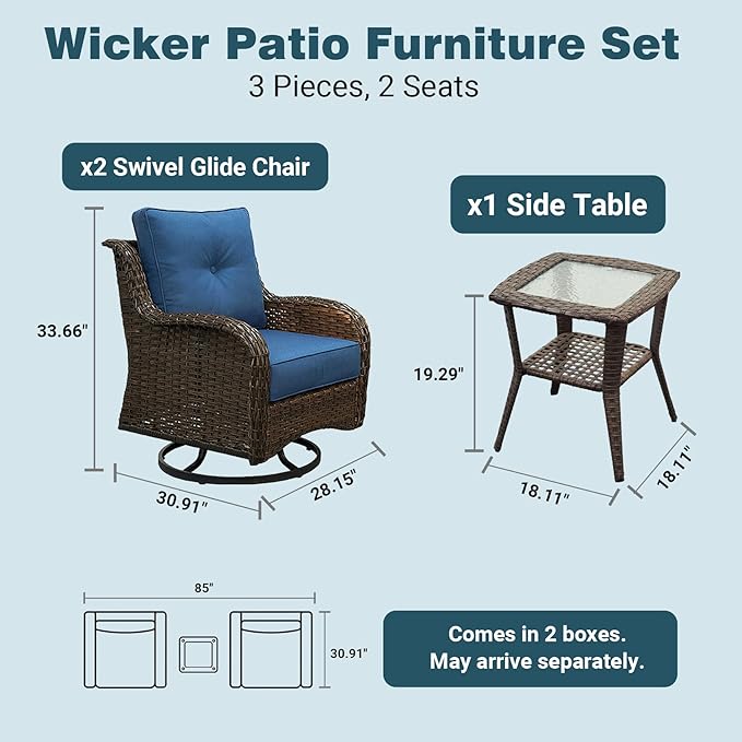 Patio Furniture Set, 3PCS Outdoor Wicker Conversation Set with 6" Thick Cushions, High Back Swivel Rocker Chairs, Weather Resistant Olefin Fabric for Garden, Poolside, Navy Blue