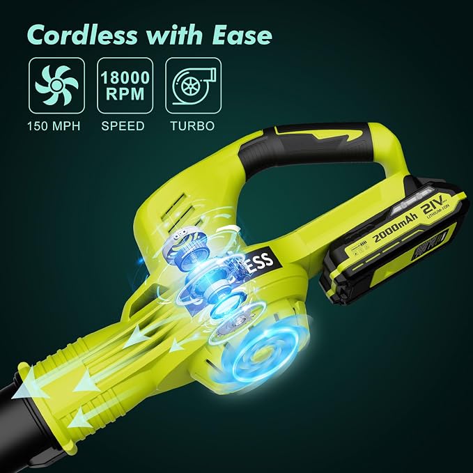 Leaf Blower Cordless - 21V Powerful Electric Leaf Blower with 2 Batteries and Charger, 2 Speed Modes, 2.0Ah Lightweight Battery Powered Leaf Blowers for Lawn Care, Patio, Dust, Blowing Leaves - Image 4