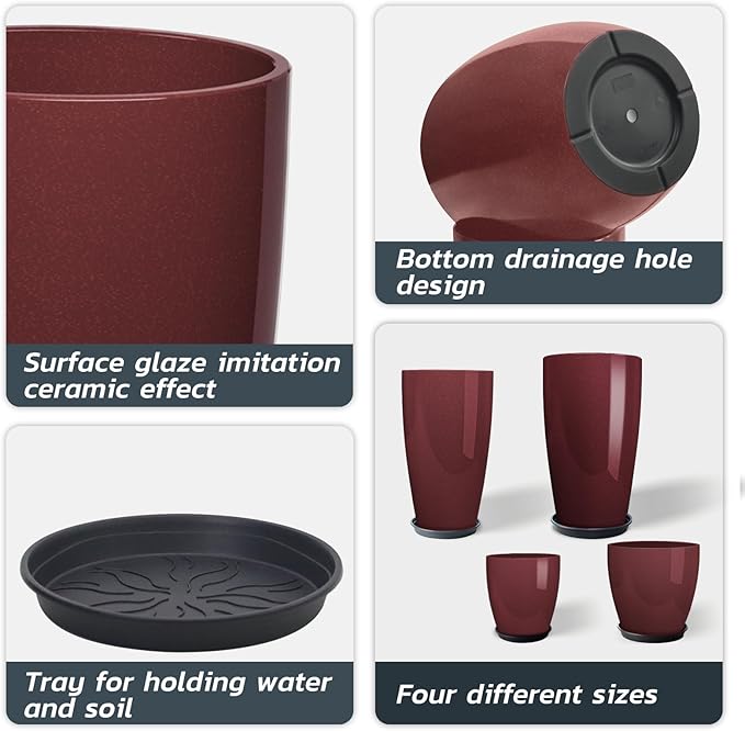 ZMTECH 24 21 12 10 Inch Tall Plant Pots for Indoor & Outdoor Use Set of 4, Large Plastic Planters with Drainage Hole and Saucer for Outside,Front Porch, Patio, Garden, Wine Red