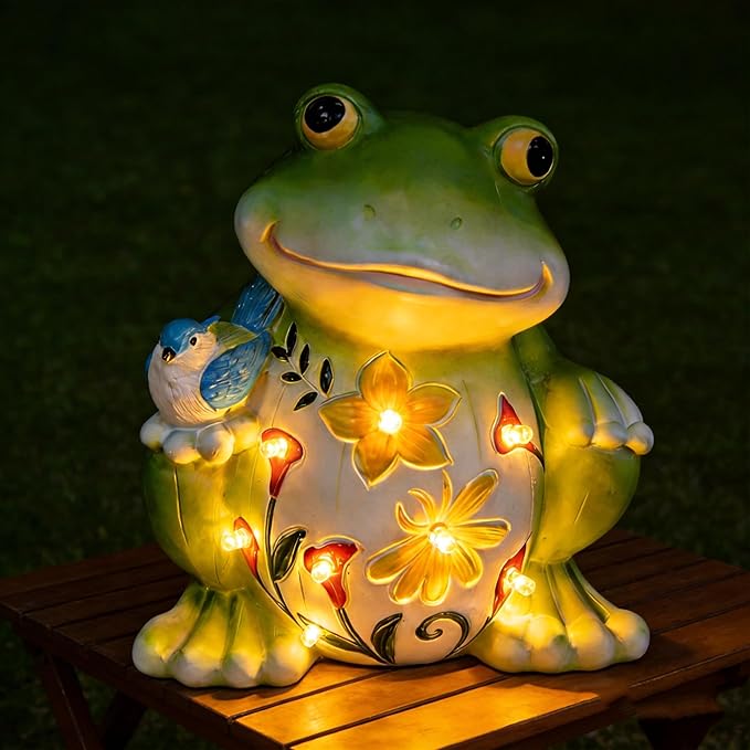 Outdoor Frog Sculptures,Solar Resin Garden Outdoor Statues,Mother's Day Frog Gifts Sculptures Decorations for Home Patio,Yard,Lawn, Porch, Ornament