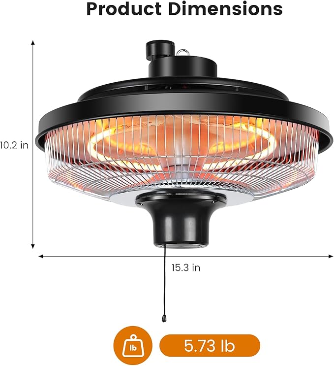 Hanging Patio Heater, 1500W Electric Infrared Heaters for Home, Gazebo, Garage, Greenhouse, Ceiling Mount with Overheat Protection, IPX4 Water Resistance, Adjustable Height (Silver)