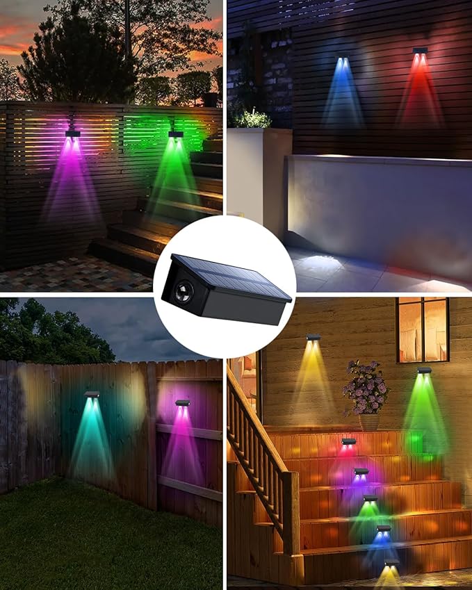 12 Pack Color Changing Solar Powered Fence Lights Outdoor Decorative LED Waterproof Yard Lamps for Outside Wall, Deck, House Patio, Rail, Stair, Yard, Pool, 7 Colorful Modes, Easy Installation
