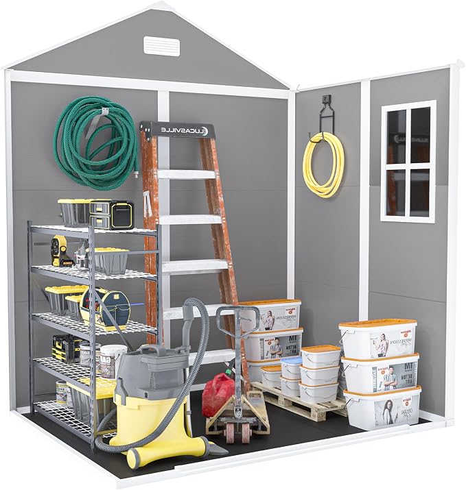 YOPTO 6x5 FT Resin Storage Shed,Garden House with Floor & Lockable Door,Waterproof Plastic Tool Sheds W/Slanting Roof Visual Window & Air Vents for Bicycles,Lawnmowers,Lawn,All Weather Use,Gray - Image 26