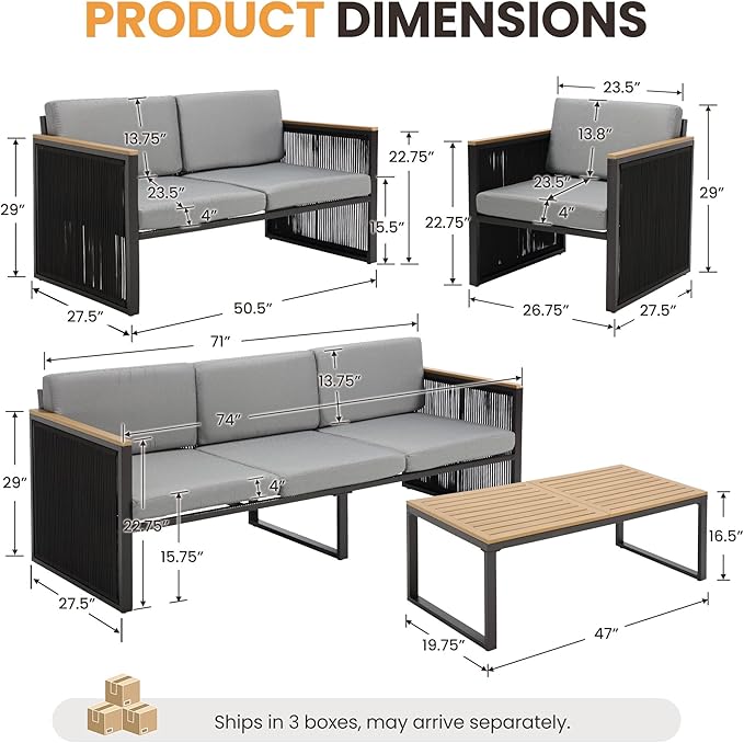 5 Piece Patio Conversation Set for 7, Modular Patio Sofa Couch with Cushions, Rattan Outdoor Patio Furniture Set with Loveseat/Coffee Table, Outdoor Sectional Furniture for Deck/Porch, Grey