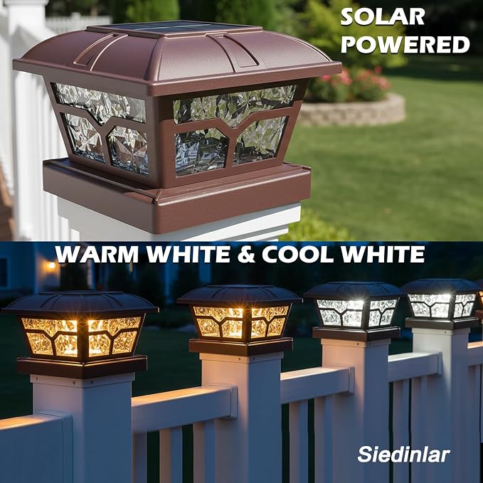 SIEDiNLAR Solar Post Cap Lights Outdoor 2 Color Modes 8 LEDs for 4x4 5x5 6x6 Posts Fence Deck Patio Decoration Warm White & Cool White Lighting Brown (1 Pack) - Image 2