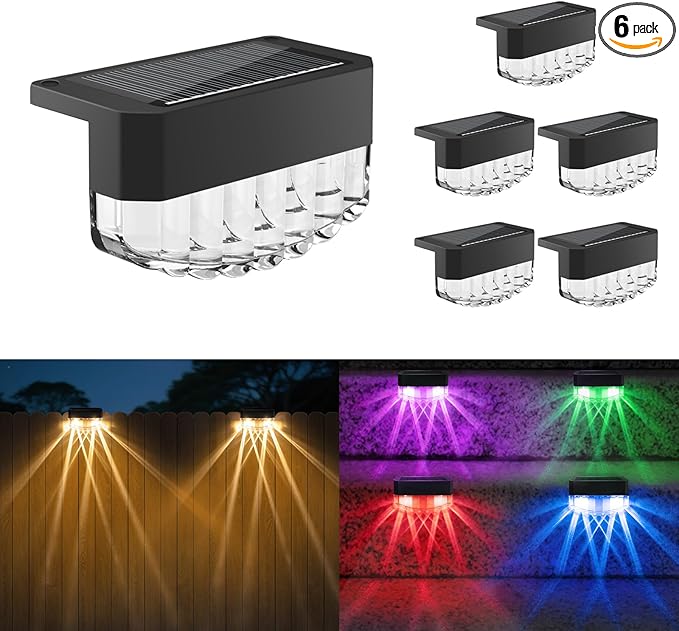 Solar Fence Lights Outdoor,6 Pack Solar Deck Lights,8 Fixed Colors ＆ Color Changing Modern Solar Powered,Waterproof LED for Step Stair Patio Backyard Porch Railing Halloween Christmas