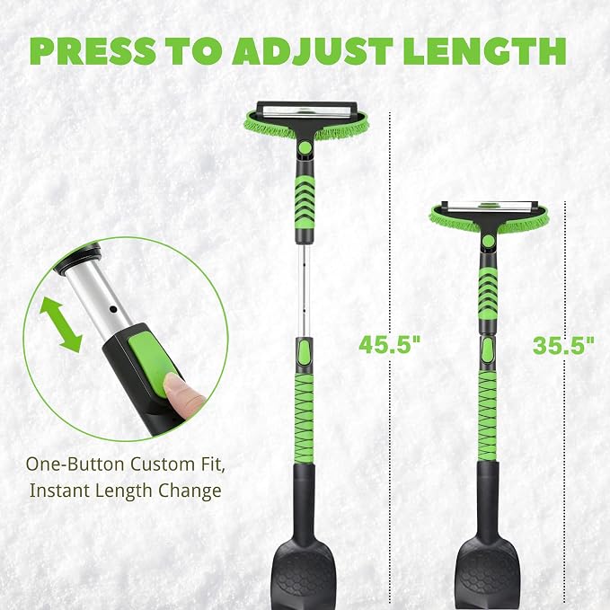 ShouRong Snow Shovel & Ice Scrapers for Car Windshield, Snow Brush and Ice Scraper with Squeegee, Snow Removal Tool, Winter Car Accessories,Extendable Aluminum Handle, 180°Pivoting Brush Head, Green - Image 5