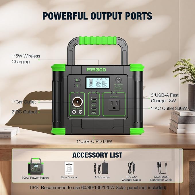 GRECELL Portable Power Station 300W, 288Wh Lithium Battery, 60W Fast Charging, Up to 300W(Peak 600W) AC Outlets, Solar Generator for Outdoor Camping RVs Home Use - Image 8
