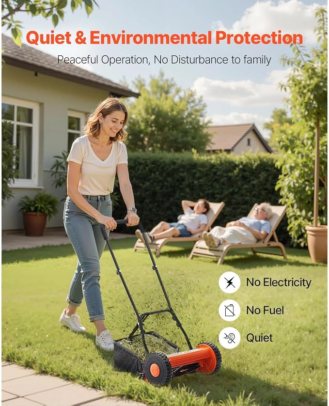 14" Manual Push Reel Lawn Mower 5-Blade Adjustable Height Grass Catcher 2 Wheels - Image 6