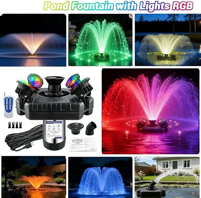 Pond Fountain Aerator with Lights 750W 110V 1 HP with Dynamic RGB Lighting 9 Adjustable Modes Digital Timer | 15,000 GPH 100FT Cord - for Large Ponds Lakes & Outdoor Water Features