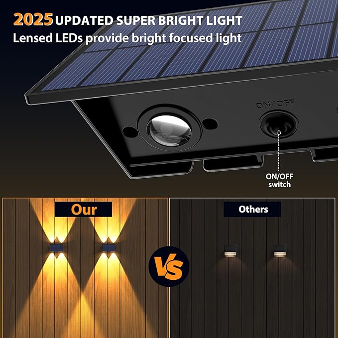 Solar Fence Lights,12 Pack Solar Lights Outdoor Warm White + RGB Up & Down Solar Wall Lights Waterproof 100 Lumens Dusk to Dawn Solar Powered Fence Light for Backyard/Pool/Railing/Patio/Porch/Step