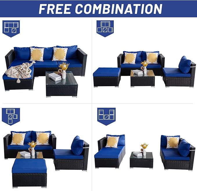 5 Piece Rattan Patio Furniture Set, Outdoor Patio Conversation Set with Table,Soft Cushion and Backrest,Modern Chairs and Table Sets,Outdoor Furniture for Porch, Garden, Lawn,Black/Blue