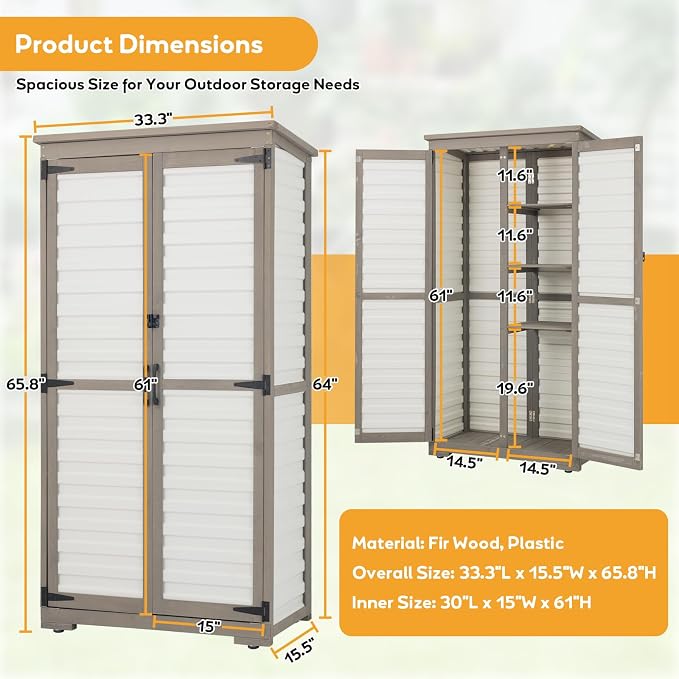 Outdoor Storage Cabinet with Shelves, Lockable Garden Shed, Wood & Plastic Weatherproof Outside Tool Cabinet for Patio, Backyard, Balcony White - Image 3