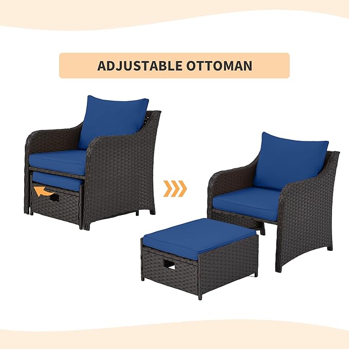 HOMREST 5 Piece Balcony Furniture, All Weather PE Wicker Rattan Patio Furniture Set, Cushioned Patio Chairs Set of 2 w/Ottoman&Table, Outdoor Lounge Chair for Lawn Pool Balcony, Navy Blue