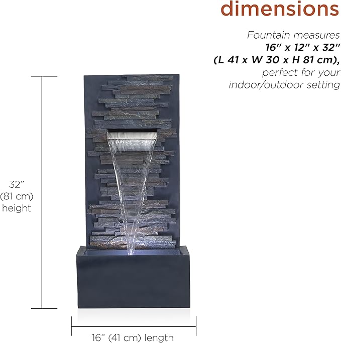 Alpine Corporation 32" Cascading Stone Wall Fountain with LED Lights – Outdoor Water Feature for Garden, Patio, Backyard & Home Decor, Gray