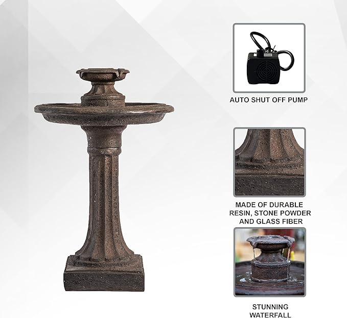 XBrand 28" Tiered Freestanding Classic Bird Bath Outdoor Water Fountain with Auto Shut-Off Pump, Brown