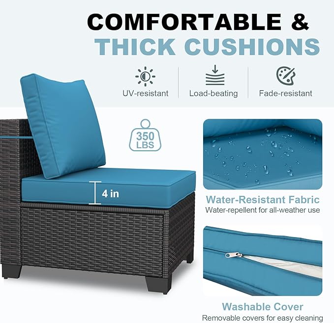 7 Pieces Patio Furniture Set, Outdoor Sectional Rattan Sofa Set, Wicker Patio Conversation Set with Cushions and Glass Coffee Table, for Balcony, Porch, Garden, (Brown/Peacock Blue)