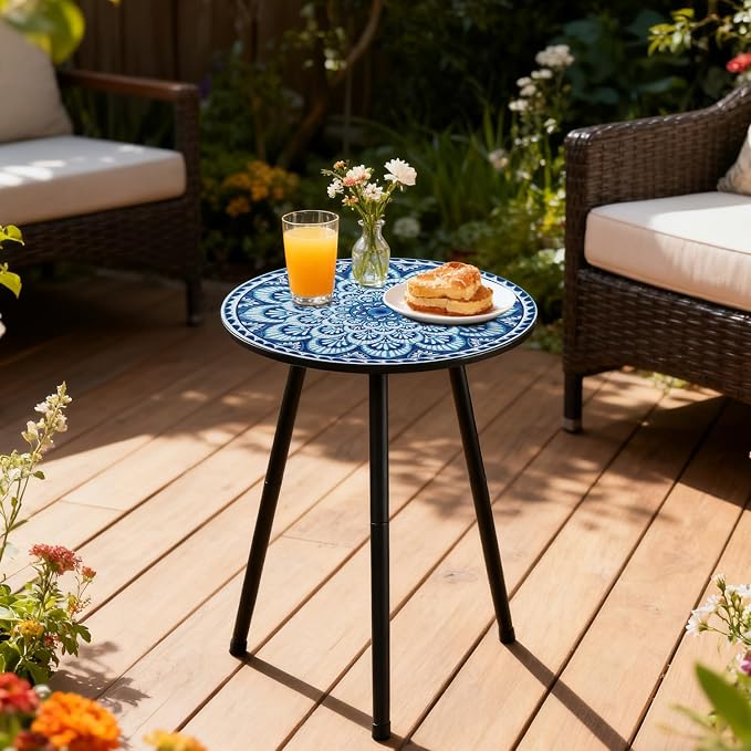 1 Pack Metal Mosaic Round Side Tables 13.4" Small Outdoor Patio Round Accent Coffee Tables Indoor Corner Stand for Small Spaces Weather-Resistant for Balcony, Porch Plant Stands Indoor, Light Blue - Image 6