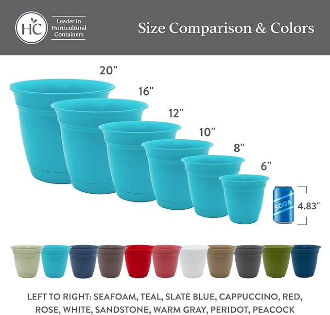 The HC Companies 6 Inch Eclipse Round Planter Pots with Drainage Holes & Attached Saucer, Lightweight UV-Resistant Plastic Indoor & Outdoor Planters, 4-Pack Flower Pots for Garden & Home Decor, Rose