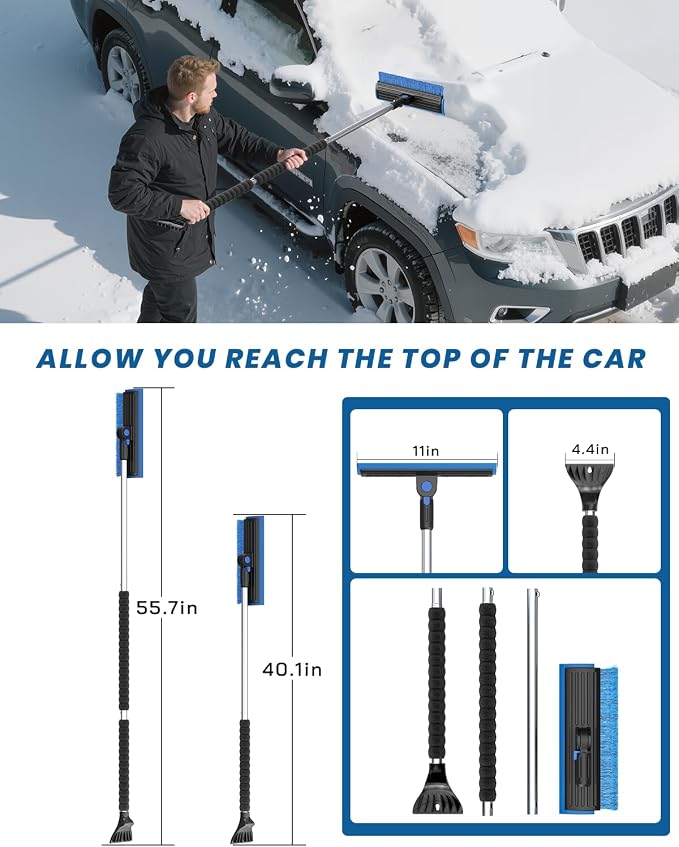 helloleiboo 2025 Extra Long 55.7" Ice Scrapers for Car Windshield Multi-Functional Detachable Car Ice Scraper with Foam Grip and 270° Pivoting Brush Head Snow Brush for SUV Truck Auto (Blue) - Image 4