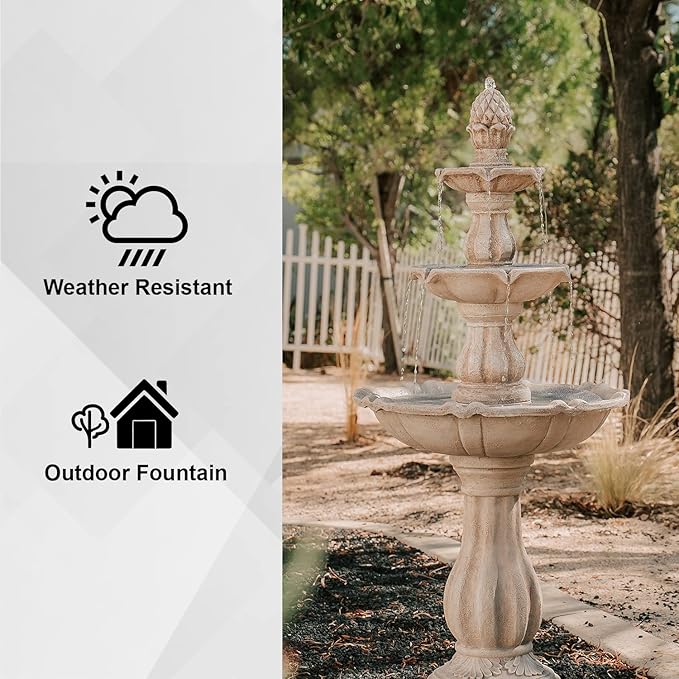 XBrand 51" 3-Tier Outdoor Freestanding Waterfall Fountain with Pump and Pineapple Finial, Beige