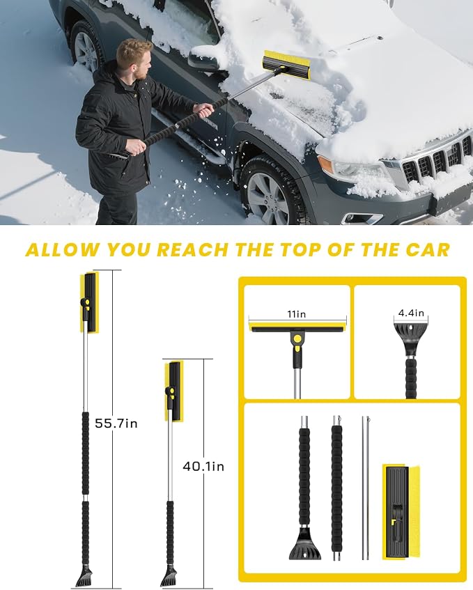 helloleiboo 2025 Extra Long 55.7" Ice Scrapers for Car Windshield Multi-Functional Detachable Car Ice Scraper with Foam Grip and 270° Pivoting Brush Head Snow Brush for SUV Truck Auto(Yellow) - Image 5