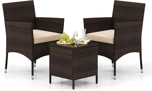 Tangkula 3 Pieces Patio Rattan Furniture Set, Outdoor Conversation Set with PE Wicker Armchairs, Tempered Glass Top Coffee Table, Soft Removable Cushions, for Porch Garden Yard Balcony (Beige)