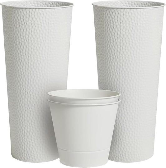 Worth 2 Pack 28" Tall Narrow Metal Planter with Inside Pot for Indoors or Outdoors, Deck, Patio or Front Porch, Hand-Hammered Texture, White