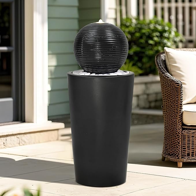 30" Ceramic Sphere Outdoor Fountain, Modern Pedestal Water Feature with LED Lights, Soothing Cascading Waterfall for Garden Patio Yard Deck or Porch Relaxing, Matte Black Glaze, White Pebbles
