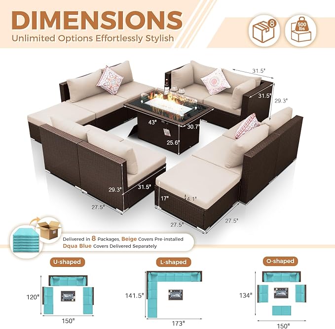 BULEXYARD 11 Piece High Back Outdoor Furniture Set with Firepit, Cozy Patio Conversation Set with Ottoman Modular, Extra Wide Deep 10-Seats Sectional Couch Sofa for Yard, Brown Rattan & Teal Cushion