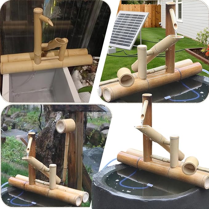 Bamboo Fountain with Pump & Solar Powered，Traditional Japanese Rocking Fountains Kit,Handmade Bamboo Water Fountain for Indoor Outdoor Backyard