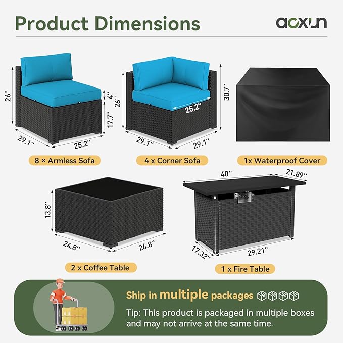 Aoxun 15 Piece Patio Furniture Set with 44” Fire Pit Table, Wicker Rattan Patio Sectional Sofa, Outdoor Furniture Set with Thickened Cushion, Light Gray