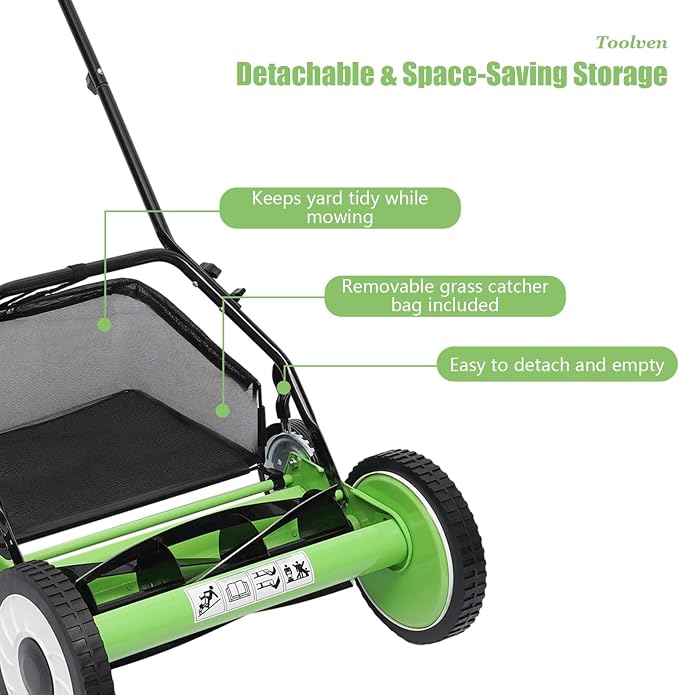 16" Push Reel Lawn Mower,5 Blades Cordless Manual Reel Lawn Mower, 1.3-2.5 Inch Adjustable Cutting Height, Manual Push Mower with Grass Catcher Bag, Green - Image 4