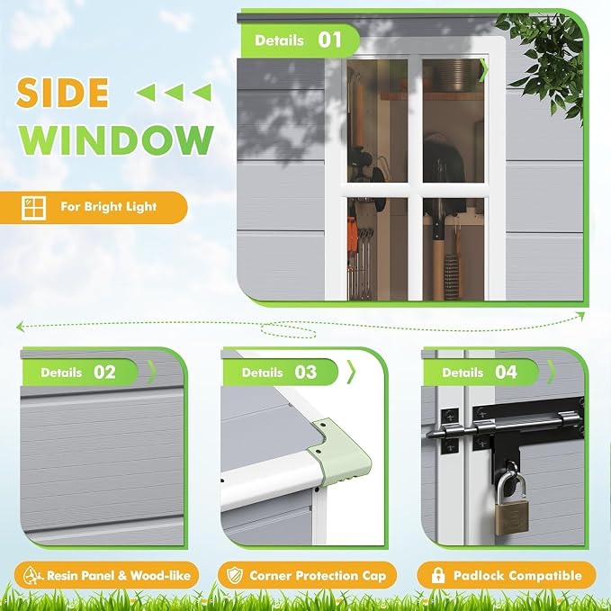 Devoko 6 x 4 FT Plastic Outdoor Storage Shed with Floor, Resin Tool Shed with Window, Outside Waterproof Garden Shed with Lockable Door for Patio, Backyard, Poolside, Light Grey - Image 4