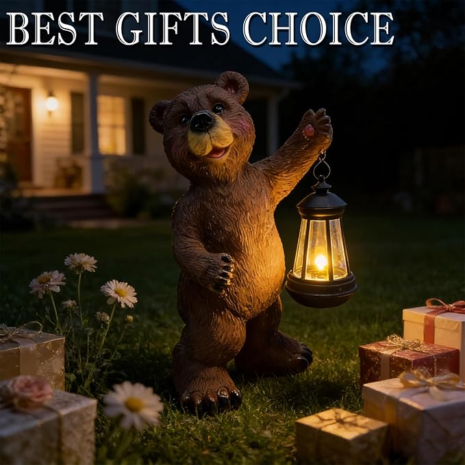 Solar Lantern Garden Statues Decor, 14" Large Outdoor Bear Figurine Lights for Yard Patio Decoration - Unique Christmas Housewarming Gifts for Grandma Wowen Mom Brown
