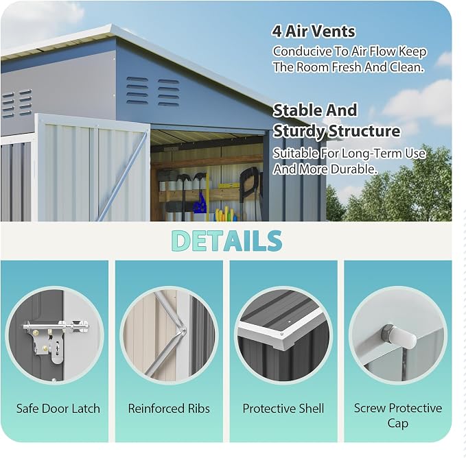 YOPTO 4x8 FT Outdoor Storage Shed,Slope Roof Storage Metal Garden Shed Steel with Reinforced Beams,All Weather Waterproof Garden Tool House W/Lockable Door & 4 Air Vents,for Backyard,Patio,Lawn,Grey - Image 10
