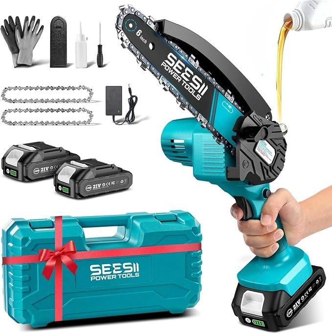 SEESII Mini Chainsaw 6 inch,Cordless Chainsaw w/ 2x2000mAh Batteries,Oiler System & Replacement Chain,Handheld Electric Chain Saw w/Safety Lock,Battery Powered Chainsaw for Wood Tree Cutting, M6 Plus by SEESII