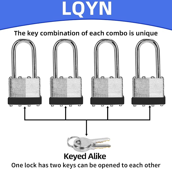 Padlocks with Same Key, LQYN 48 Pcs Laminated Keyed Padlock (1-9/16", 40mm), Keyed Alike Locks, Long Shackle, for Storage Locker, Hasp Latch, Toolbox, Sheds - Image 3