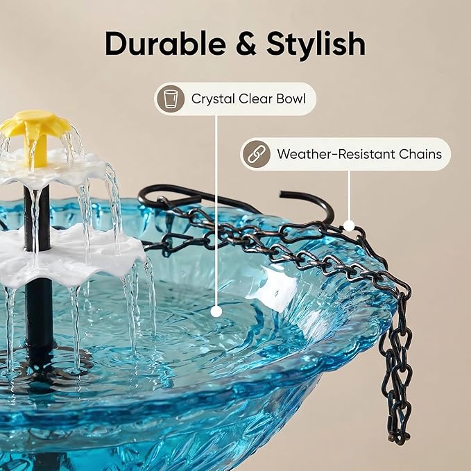 2026 Solar Cascade Hanging Bird Bath Fountain Solar Powered Birdbath Water Fountain Pumps Dispenser Outdoors Decor Hummingbird Bath Shower Bowl Kit Garden Gift Yard Patio Backyard Decoration (Blue)
