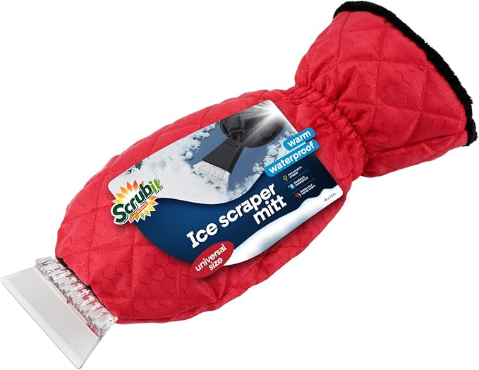 SCRUBIT Ice Scraper with Glove - Car Windshield Scraper for Ice and Snow w/Fleece Mitt - Quickly Scrape and Remove Snow While Staying Warm - Waterproof & Windproof - Car Scraper Snow Brush (Red) by SCRUBIT